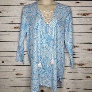 Charlie Holiday Beach Cover Up Swimsuit Cover Tunic Blue White Large NWOT